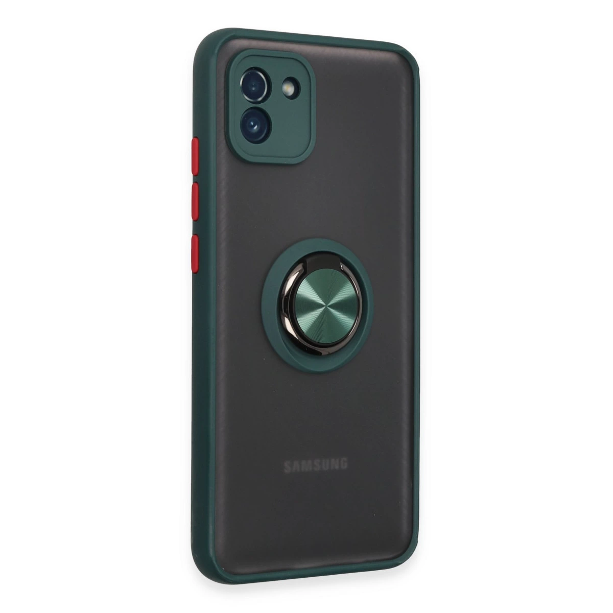 Yeşil kılıflı, halka tutuculu ve kırmızı düğmeli koyu gri telefon.