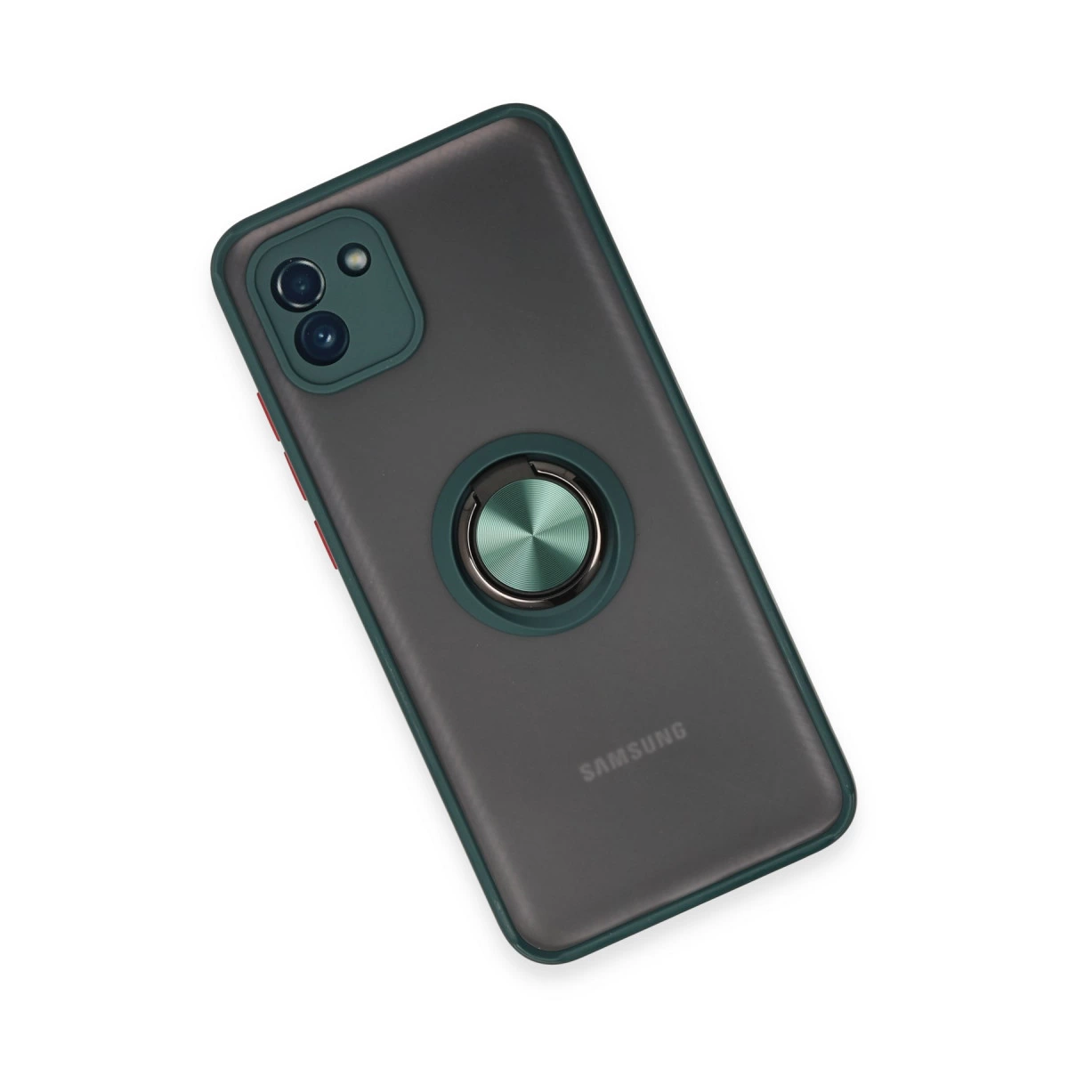 Halka tutuculu ve kamera oyuklu koyu gri telefon kılıfı.