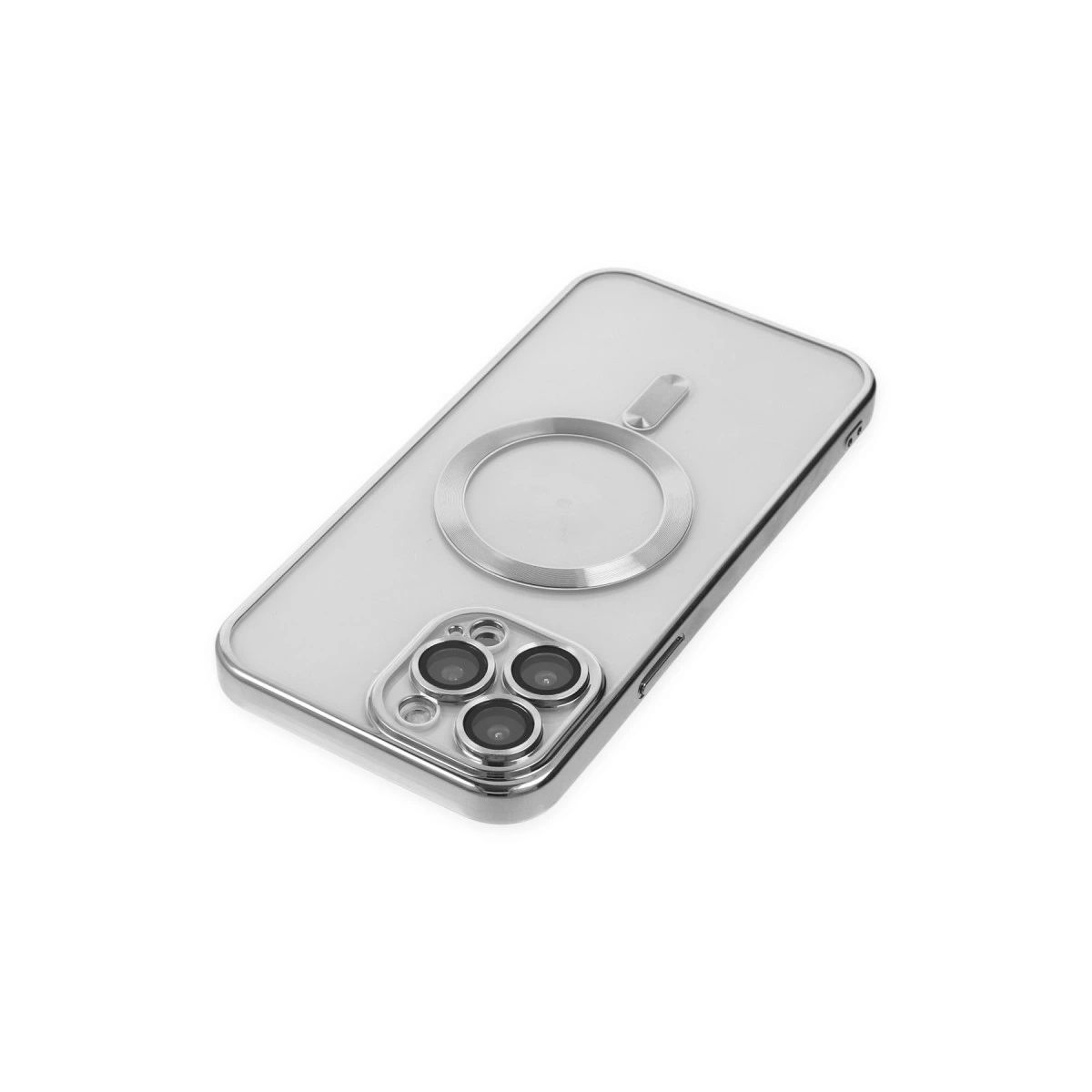 Gümüş halkalı ve kamera kesimli şeffaf telefon kılıfı.