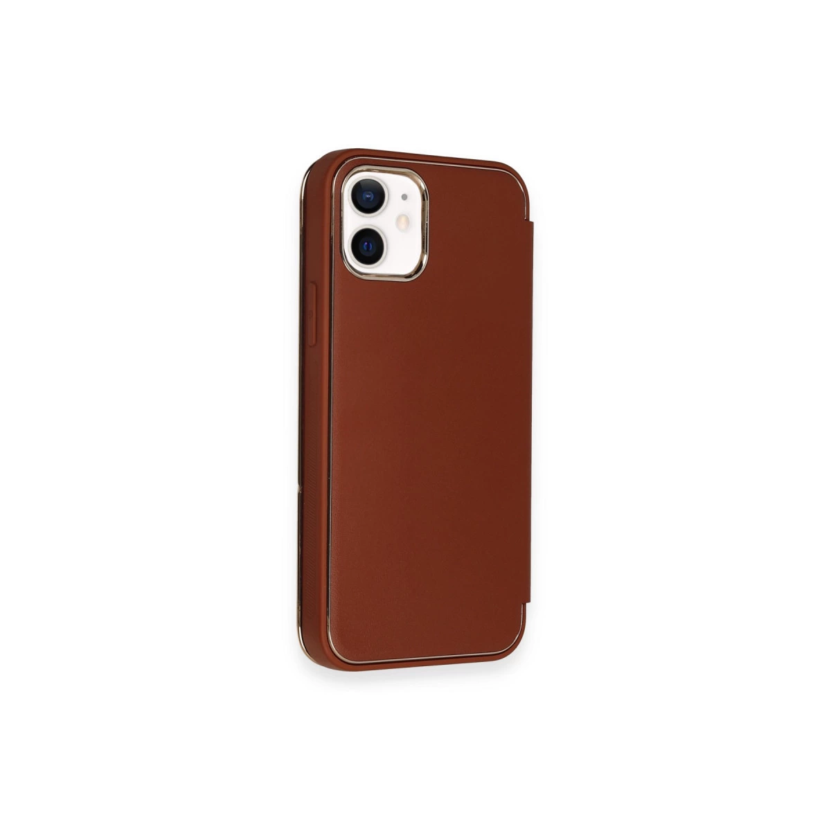 İki kamera lensli ve gümüş kenarlı kahverengi telefon kılıfı.