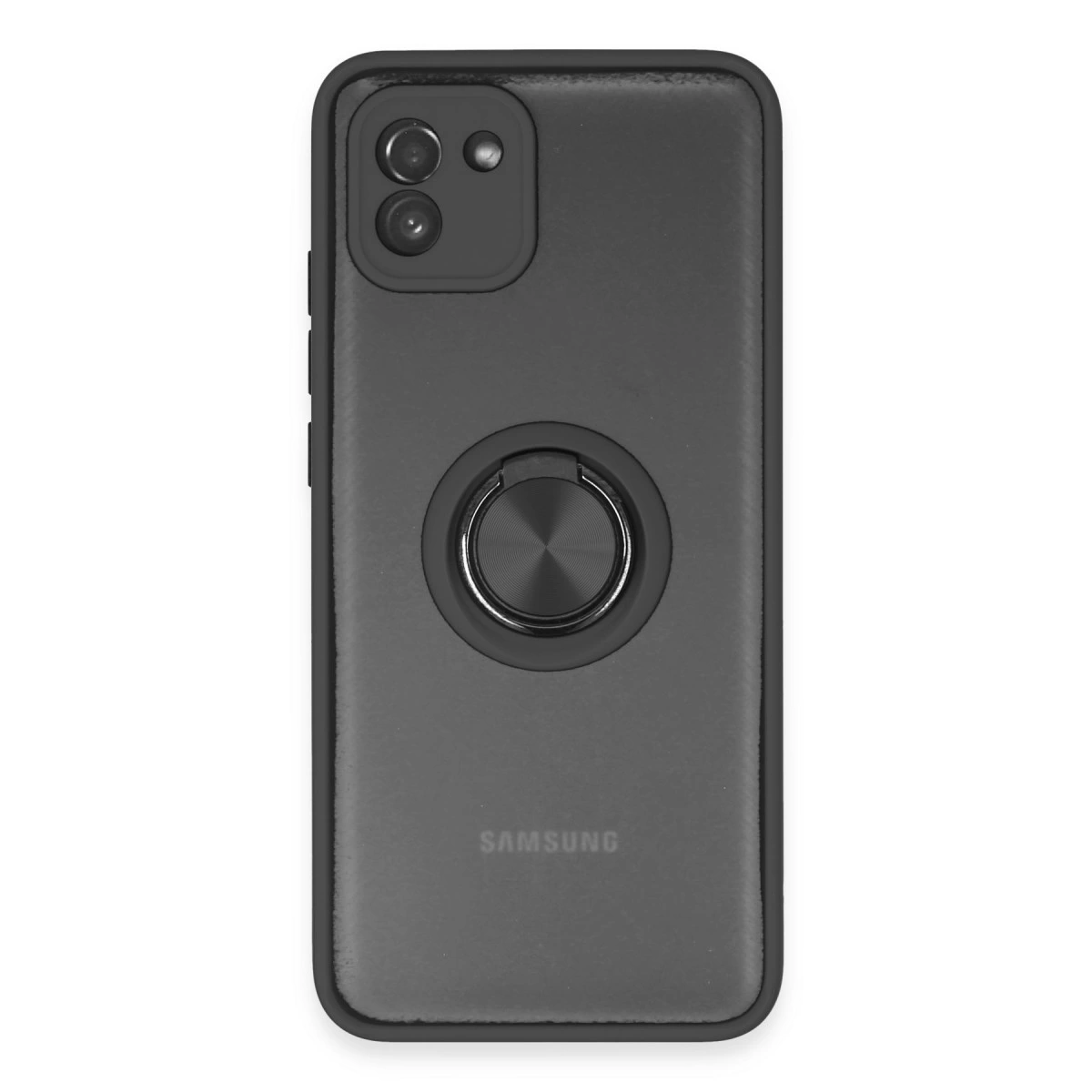 Arkada halka tutuculu siyah Samsung telefon. Beyaz arka plan.