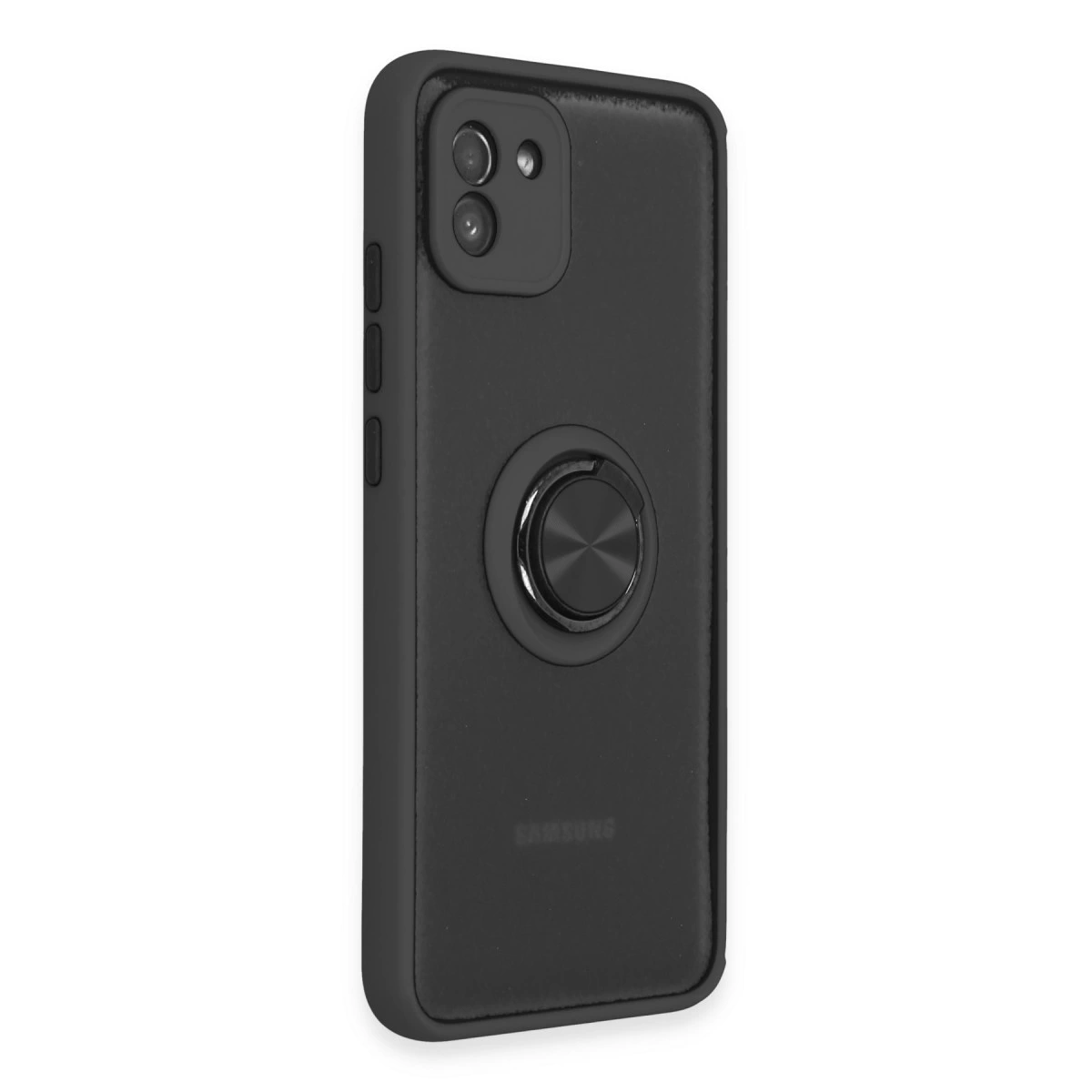 Halka tutuculu ve iki kameralı siyah telefon. Samsung logosu görünür.