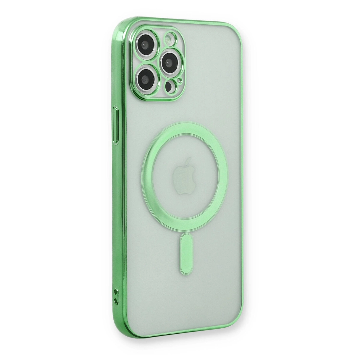 Kamera dizisi ve Apple logosu olan yeşil telefon kılıfı.
