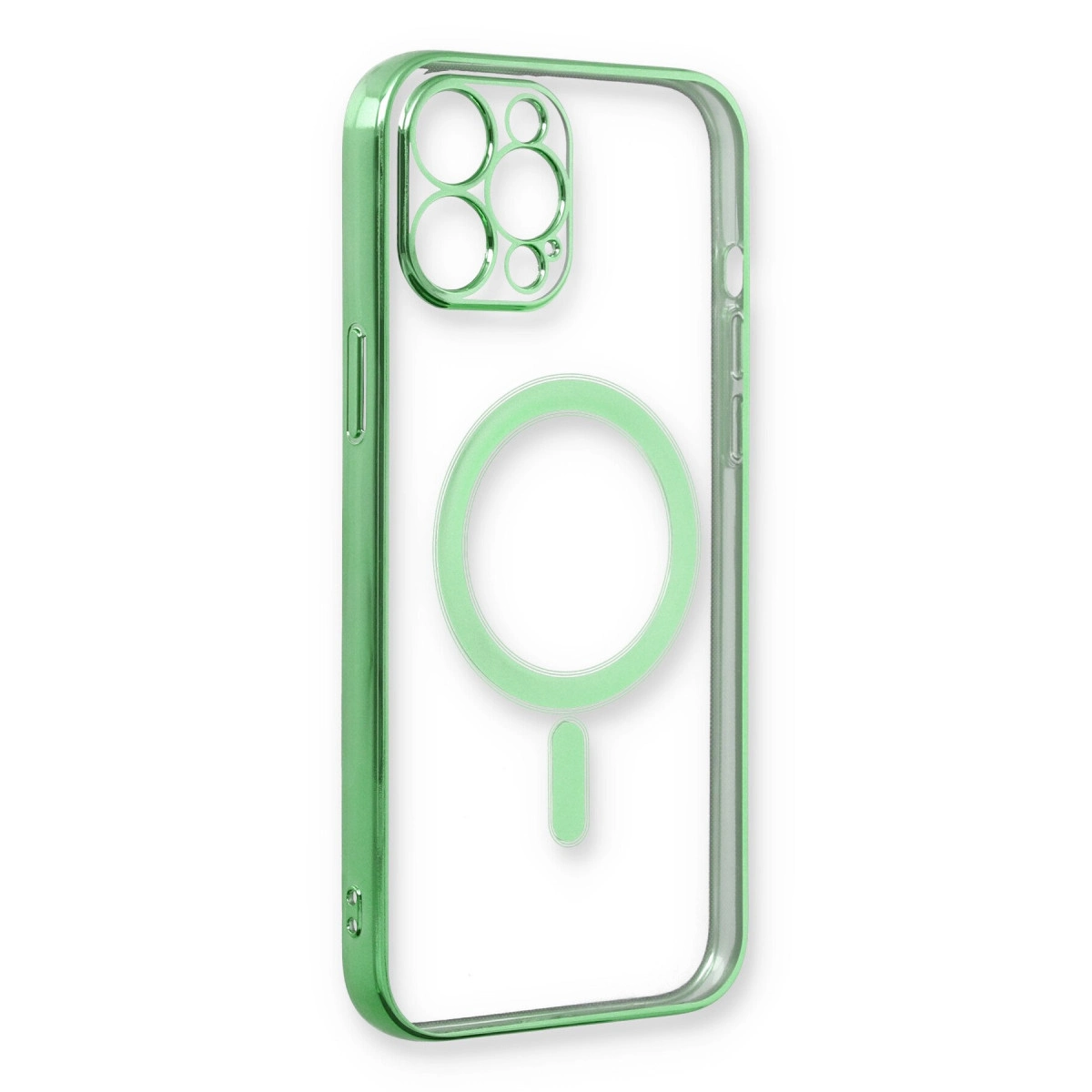 Kamera kesimli ve manyetik halkalı yeşil telefon kılıfı.