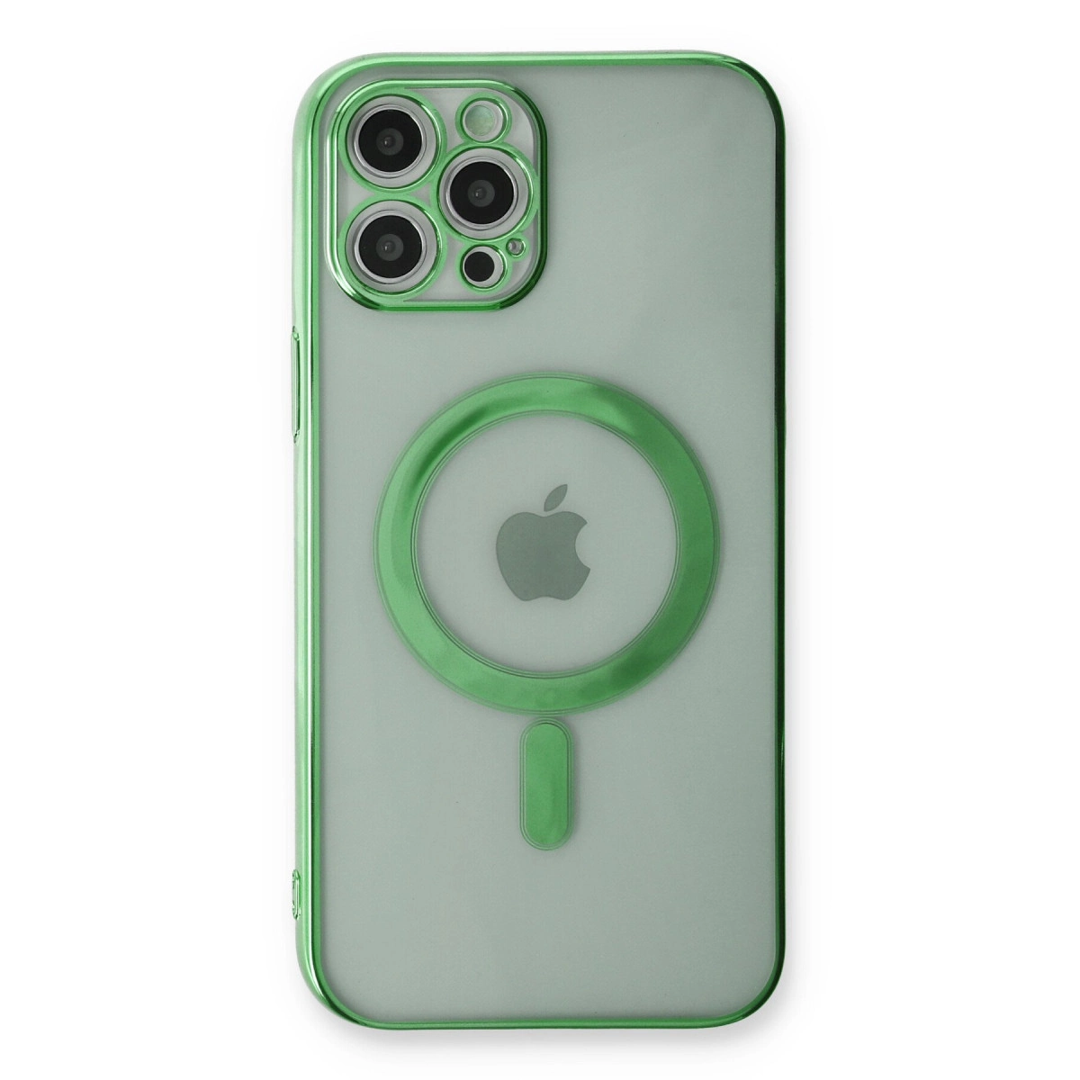 Kamera sistemli ve Apple logolu yeşil iPhone kılıfı.