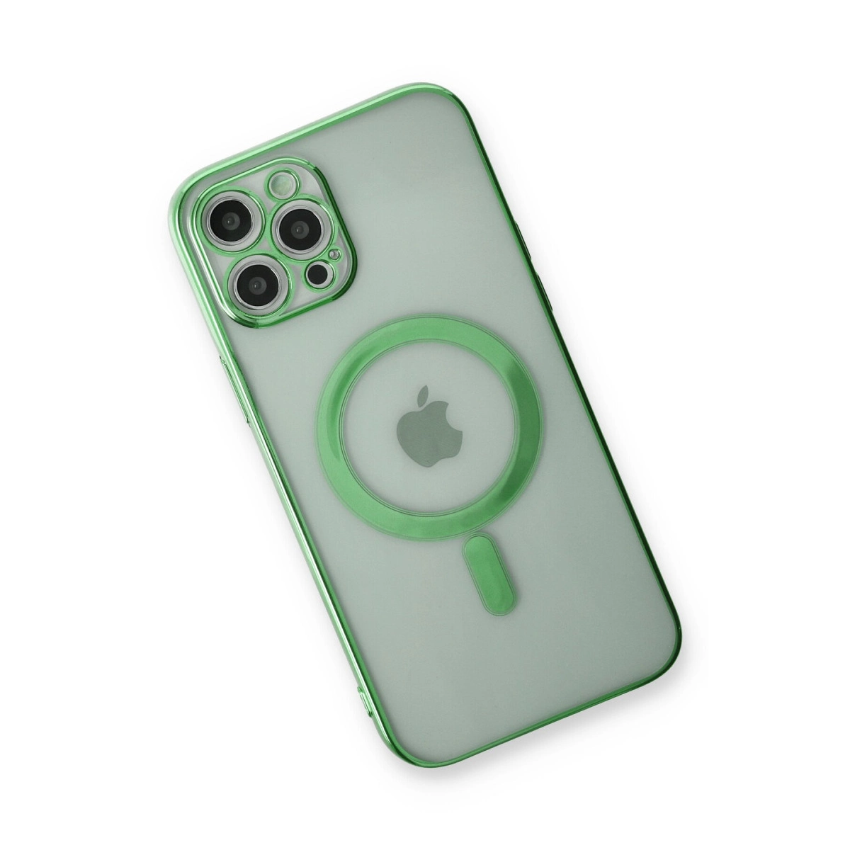 Yeşil vurgulu şeffaf telefon kılıfı, kamera dizisi ve Apple logosu.