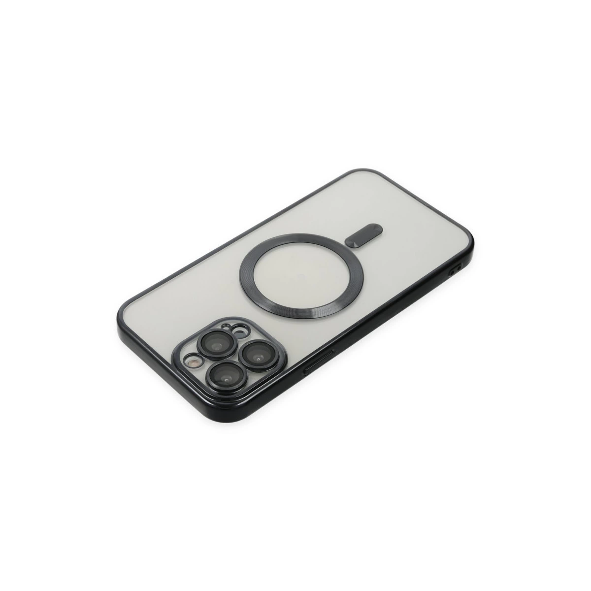 Mıknatıslı halka ve üç kamera lensli şeffaf telefon kılıfı.