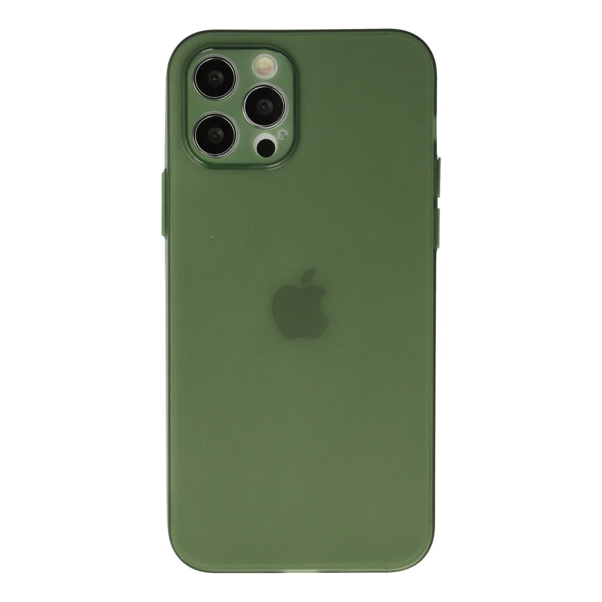 Apple logosu ve üç kamera lensli koyu yeşil iPhone kılıfı.