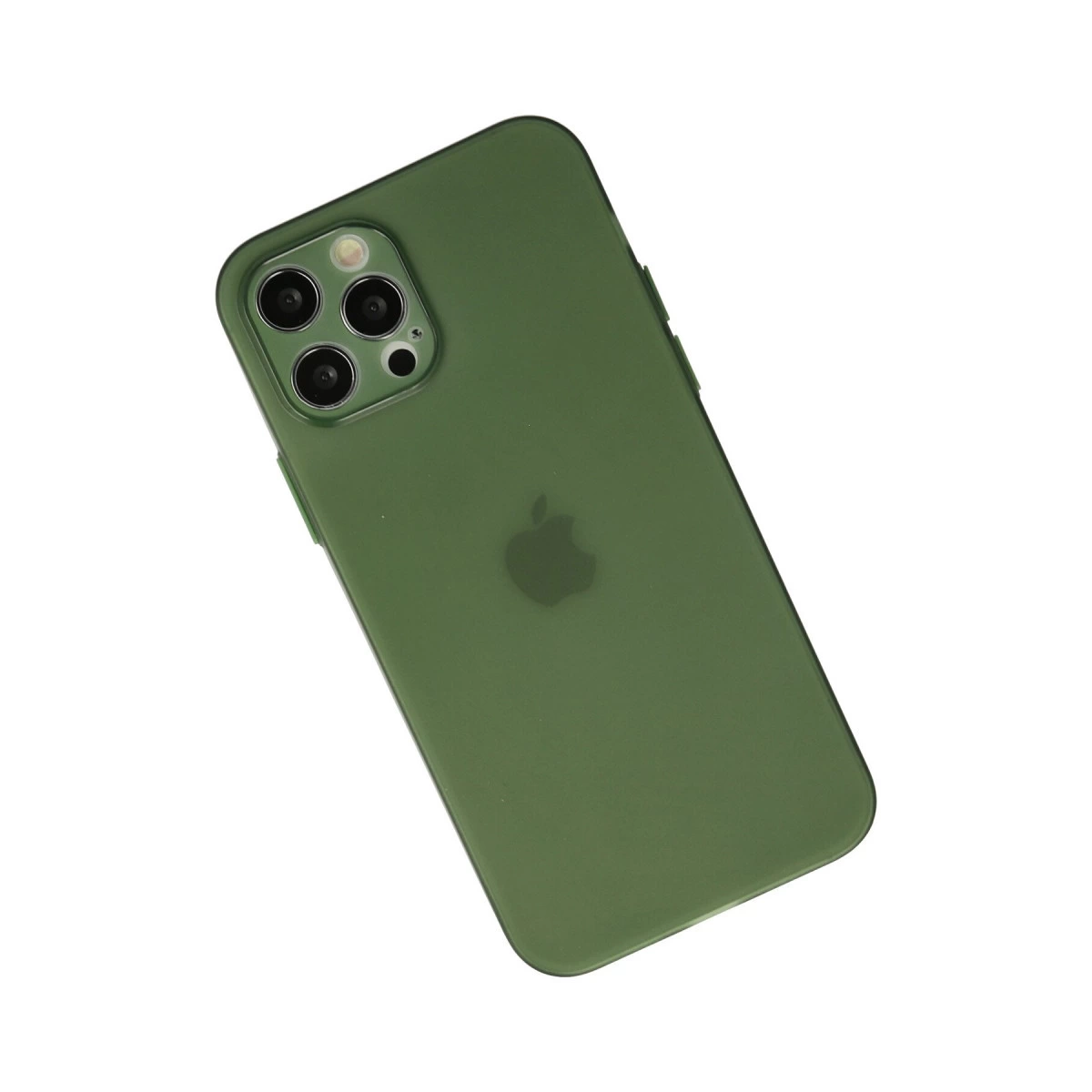 Dörtlü kamera ve Apple logosuna sahip koyu yeşil iPhone kılıfı.