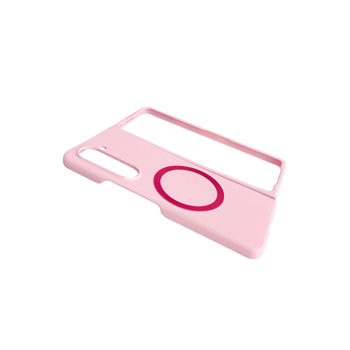 Arkada kırmızı halkası olan pembe telefon kılıfı.