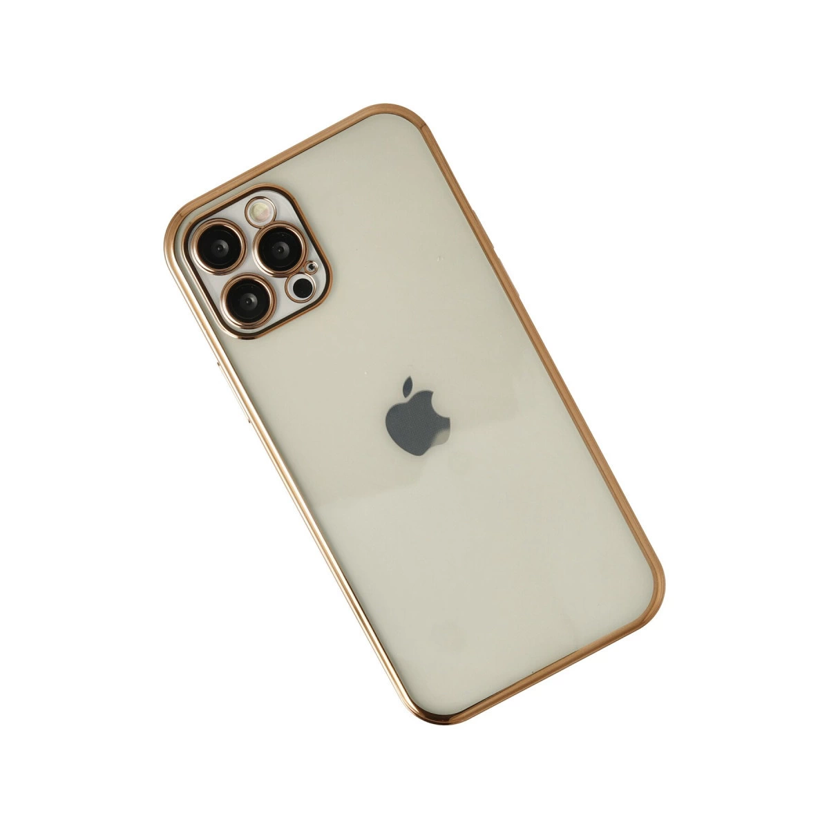 Üç kameralı, altın kenarlı gümüş iPhone.