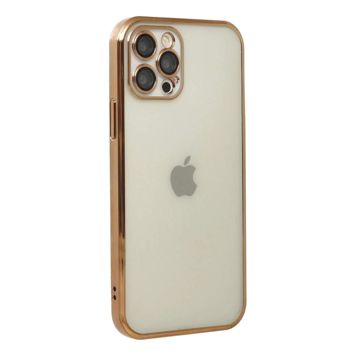 Üç kameralı, Apple logolu altın rengi iPhone kılıfı.