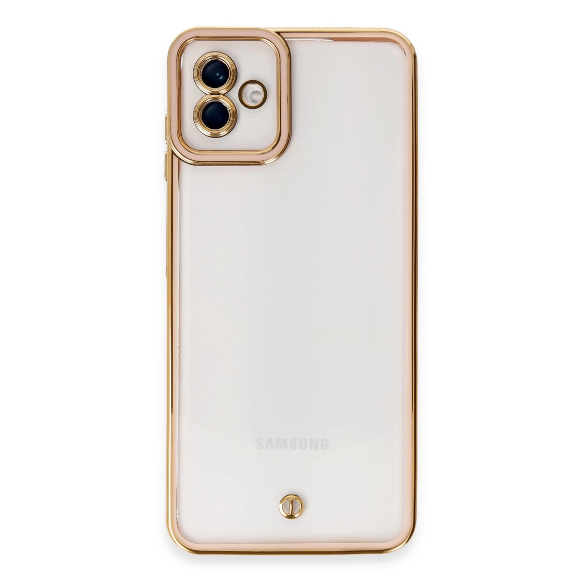 Altın çerçeveli ve kamera süslemeli beyaz Samsung telefon.