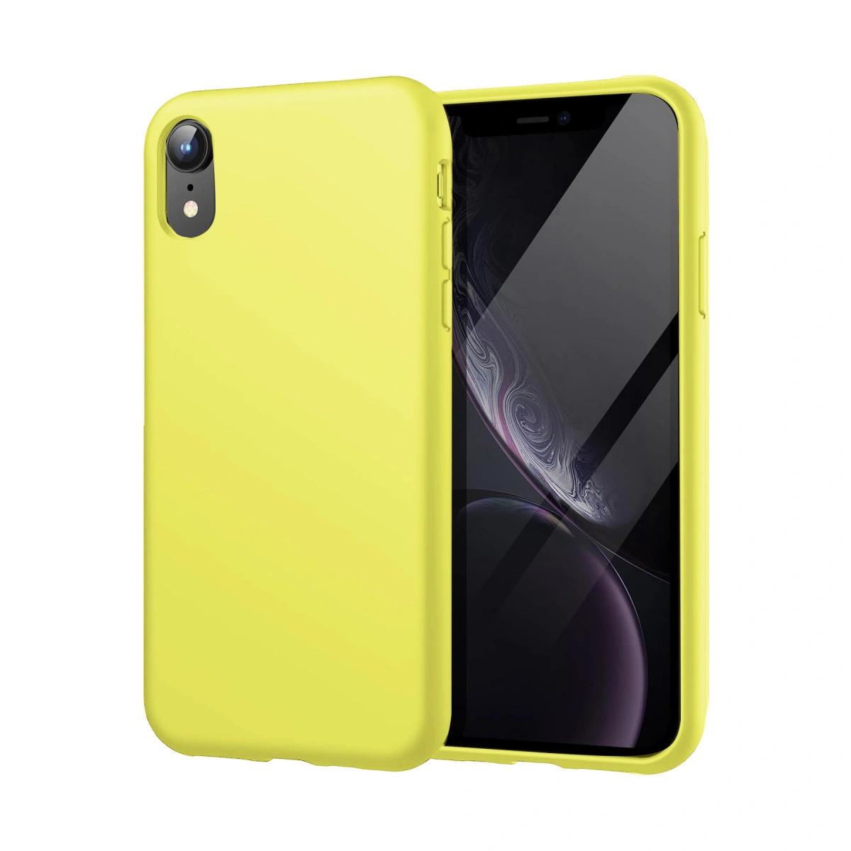 Sarı bir iPhone kılıfı akıllı telefonun yanında duruyor.