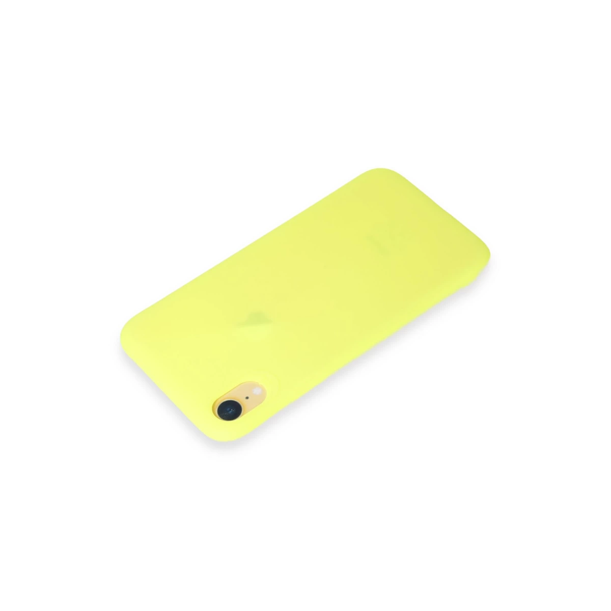 Parlak sarı telefon kılıfı beyaz zeminde duruyor.
