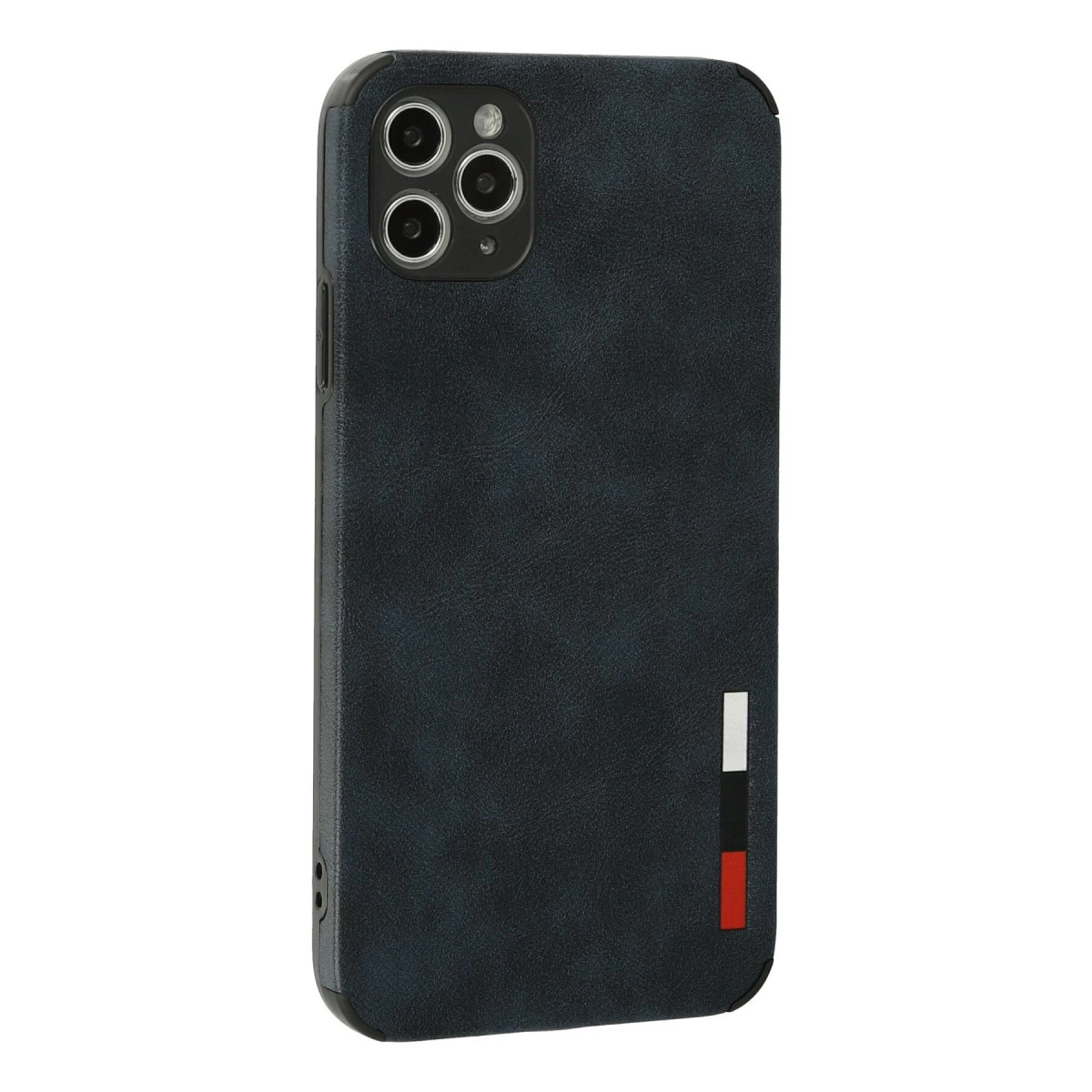 Üç kamera lensli, beyaz, siyah ve kırmızı dikey şeritli lacivert telefon kılıfı.