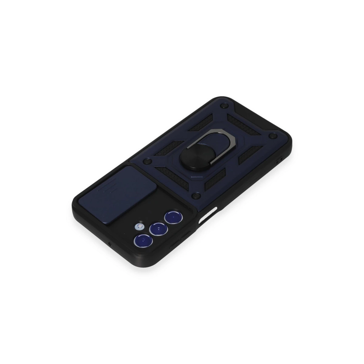 Halka tutuculu ve kamera kapaklı lacivert telefon kılıfı.