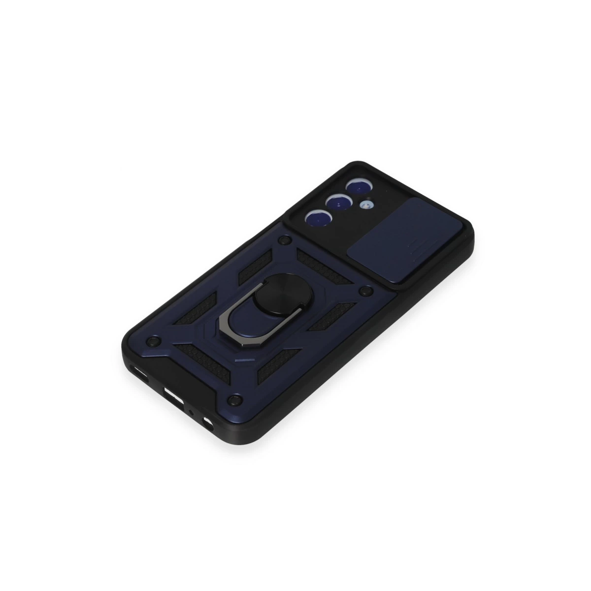 Halka tutuculu ve kayar kapaklı lacivert telefon kılıfı.