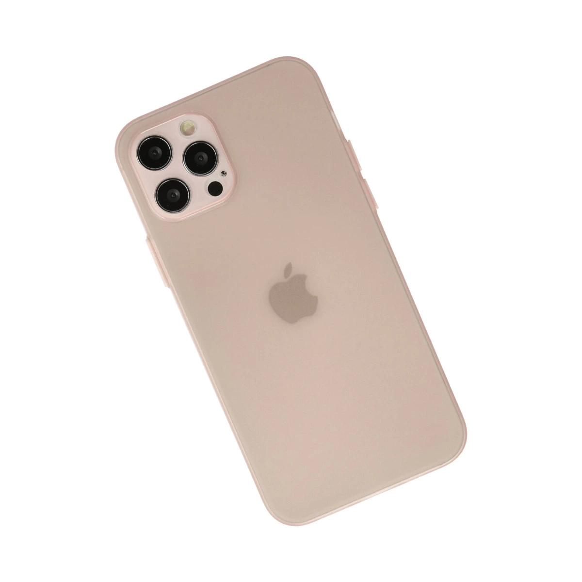 Apple logosu ve üç kamerası olan soluk pembe iPhone'un arkası.