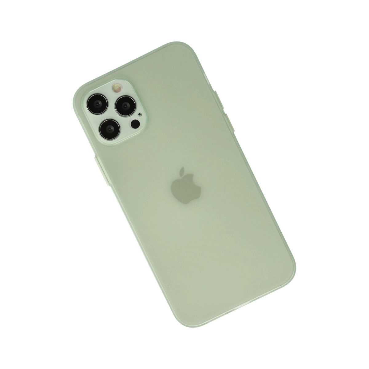 Üç kamera lensli ve Apple logosu bulunan yeşil telefon kılıfı.