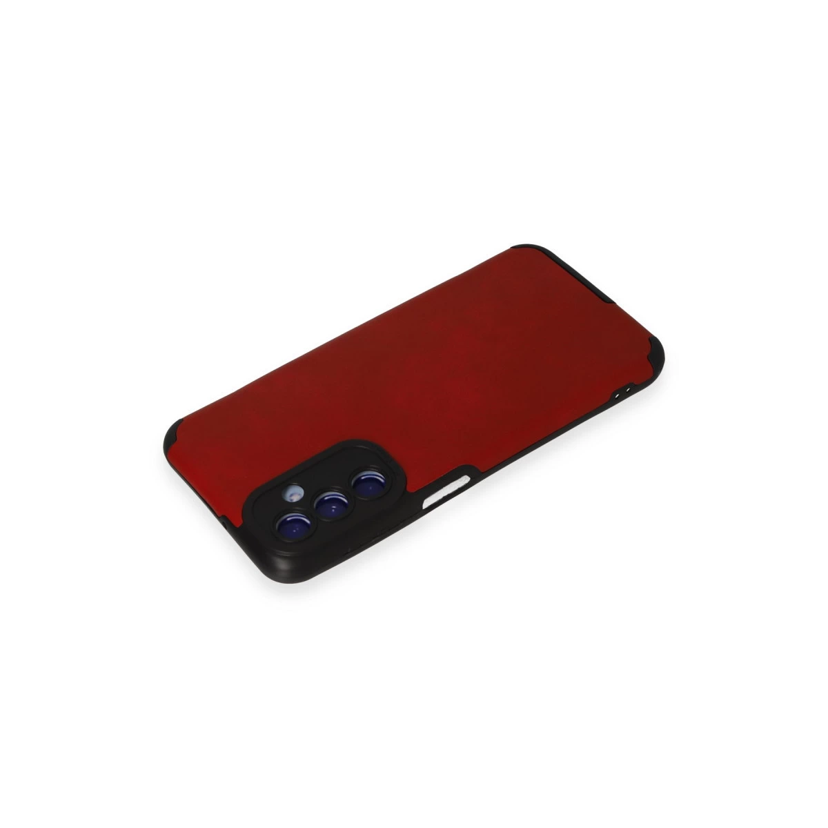 Siyah kenarlı ve üçlü kamera kesimli kırmızı telefon kılıfı.