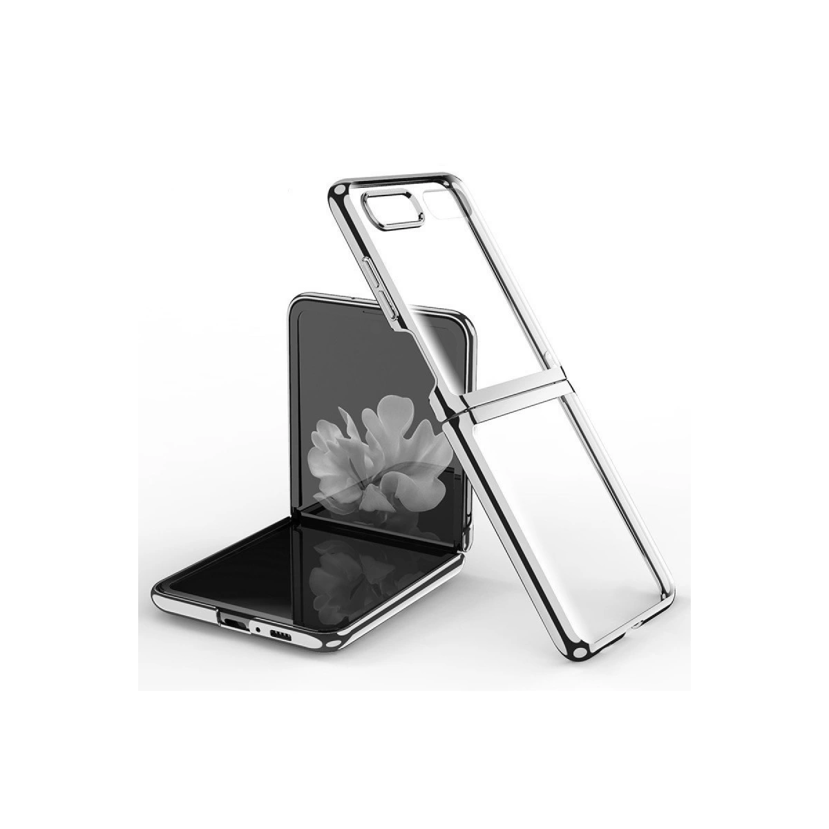 Şeffaf bir telefon kılıfı açık bir kapaklı telefonun yanında duruyor.