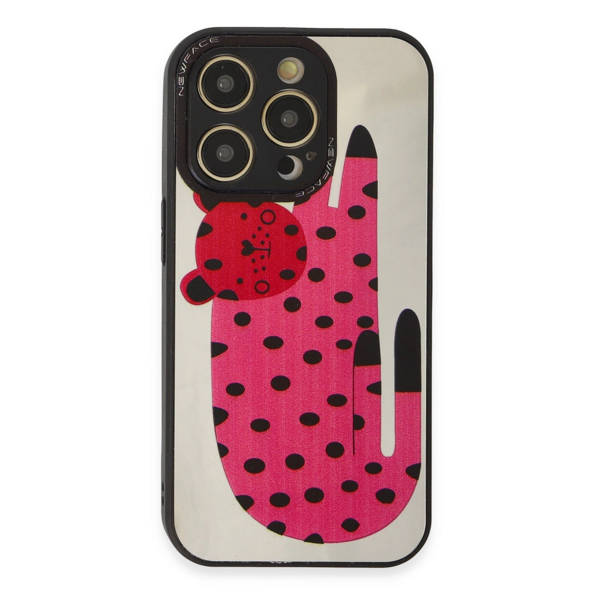 Siyah puantiyeli pembe leopar desenli iPhone kılıfı.