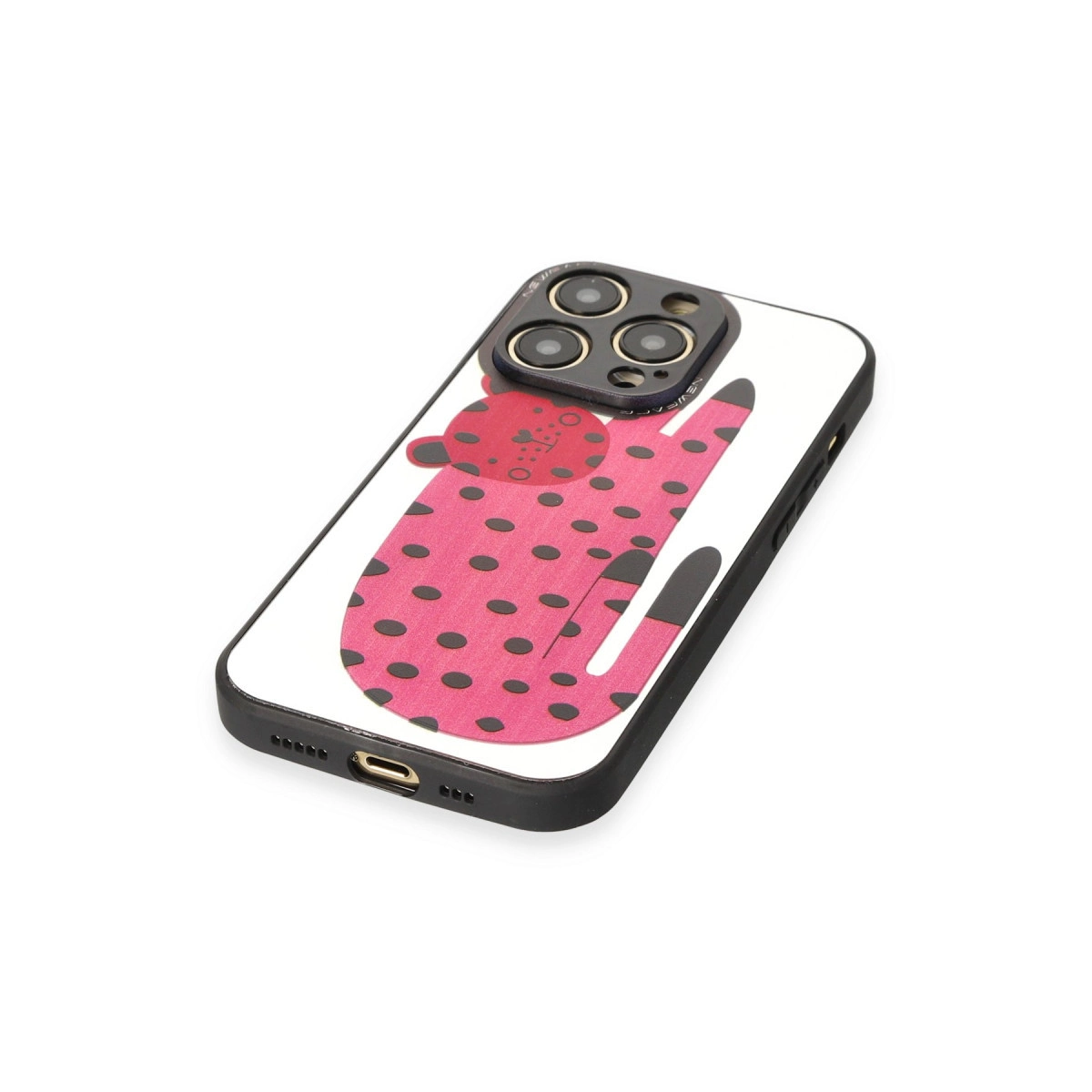 Siyah puantiyeli ve kırmızı leopar desenli pembe telefon kılıfı.