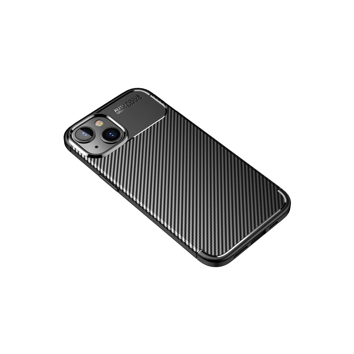 Karbon fiber desenli, kamera açıklığı olan siyah telefon kılıfı.