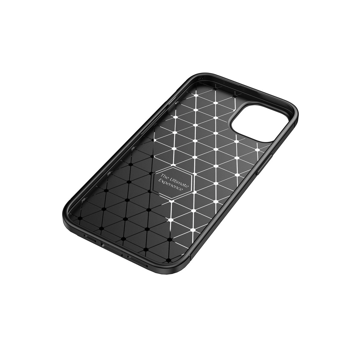 Geometrik desenli ve kamera kesimli siyah telefon kılıfı. Metin: Nihai Deneyim.