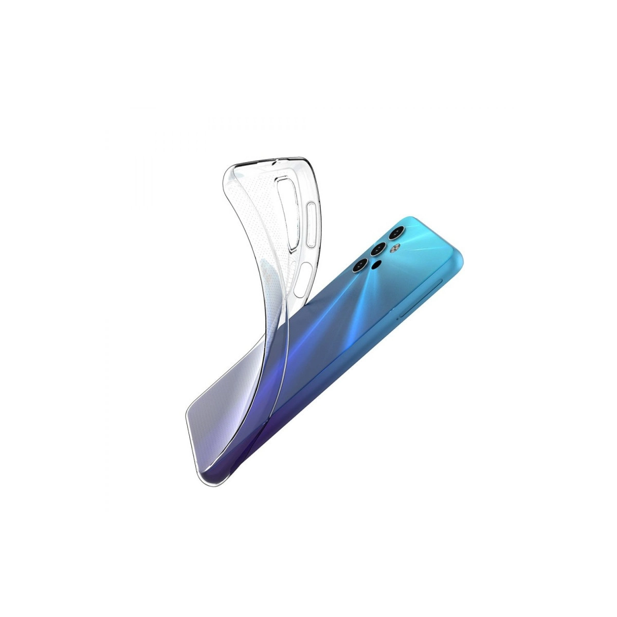 Üç kameralı mavi bir akıllı telefonun üzerine şeffaf telefon kılıfı yerleştirilmiş.