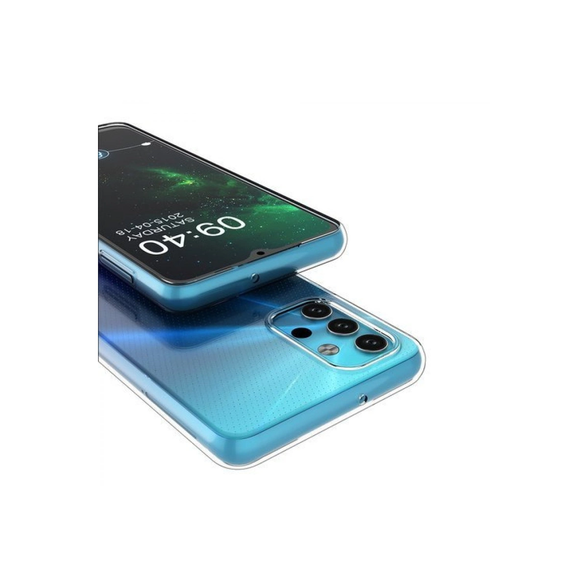 Şeffaf kılıflı iki mavi akıllı telefon, biri diğerinin üzerinde.