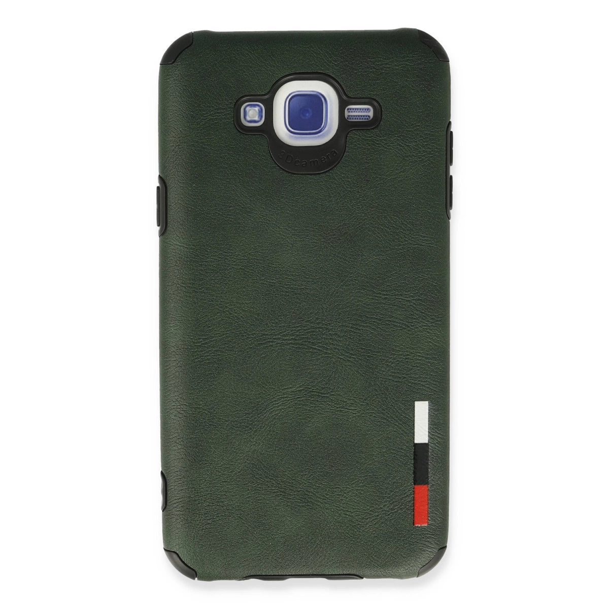 Koyu yeşil telefon kılıfı, kamera, flaş ve şerit detaylı.