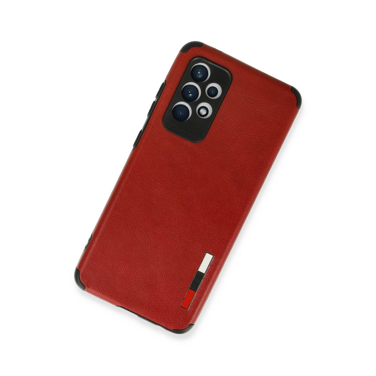 Dört kameralı kırmızı telefon kılıfı, çizgili detaylı.