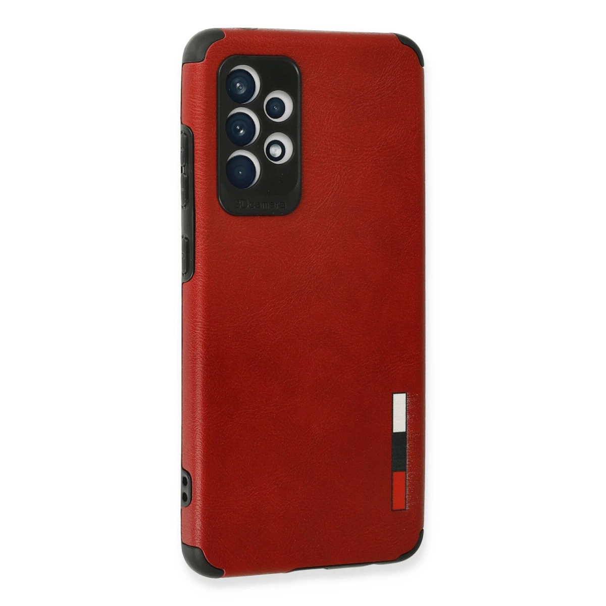 Siyah çerçeveli ve kamera modüllü kırmızı telefon kılıfı.