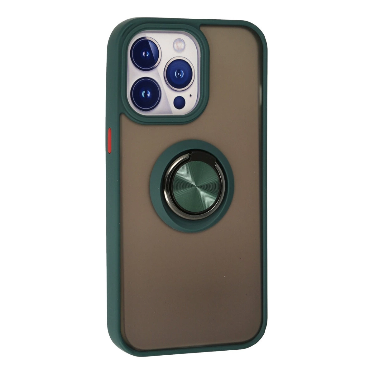 Kahverengi arka plan üzerinde halka tutuculu ve üçlü kamera oyuntulu koyu yeşil telefon kılıfı.