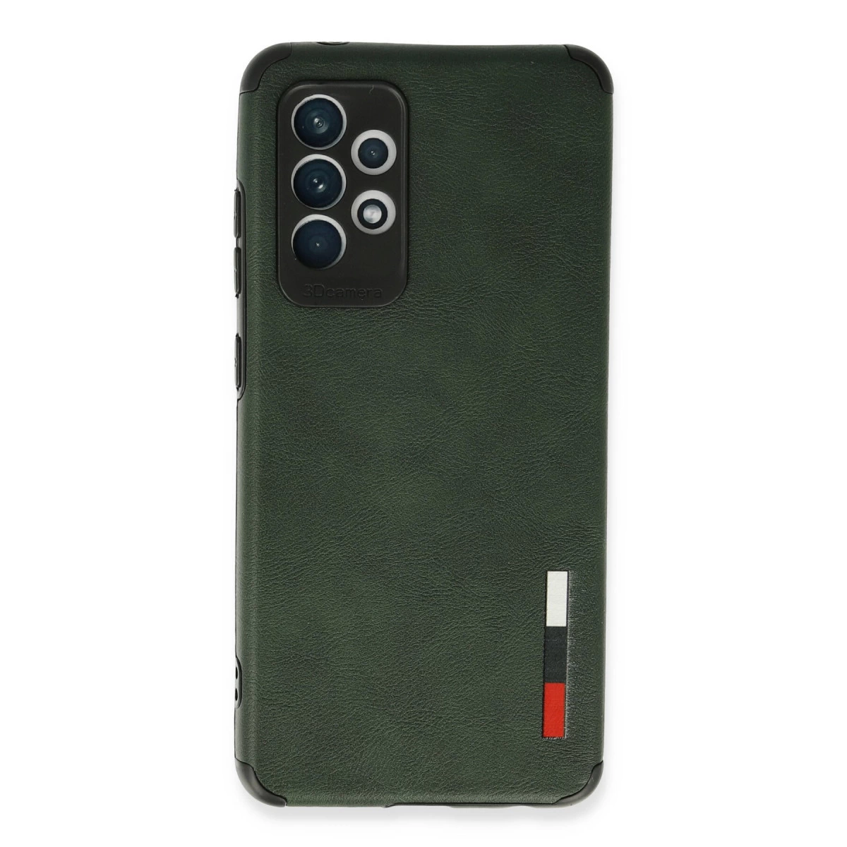 Kamera modüllü ve dikey şeritli koyu yeşil telefon kılıfı.