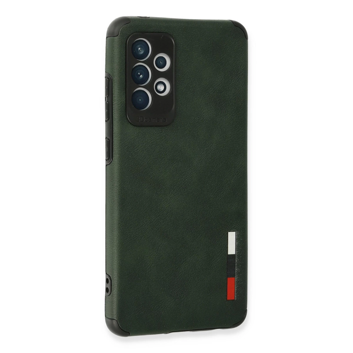 Kamera modüllü, şerit detaylı koyu yeşil telefon kılıfı.