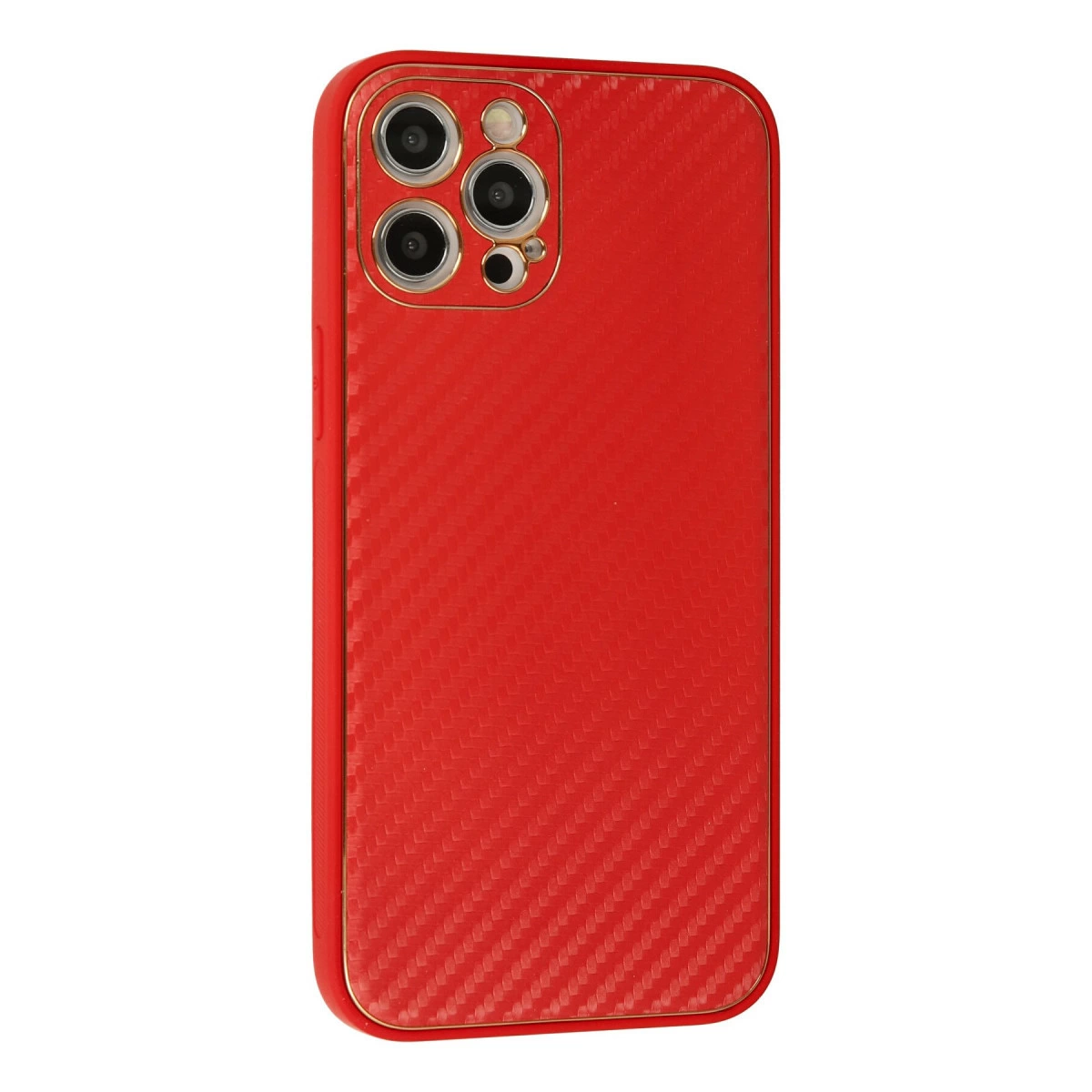 Kamera çevresinde altın çerçeveli, karbon desenli kırmızı telefon kılıfı.