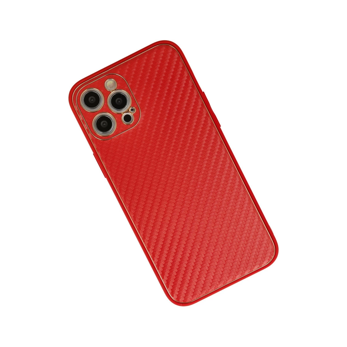 Karbon fiber desenli kırmızı telefon kılıfı ve kameralar.