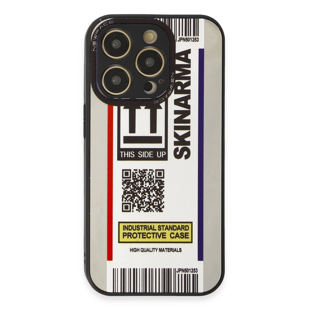 SKINARMA", "THIS SIDE UP" ve QR kodlu iPhone kılıfı.