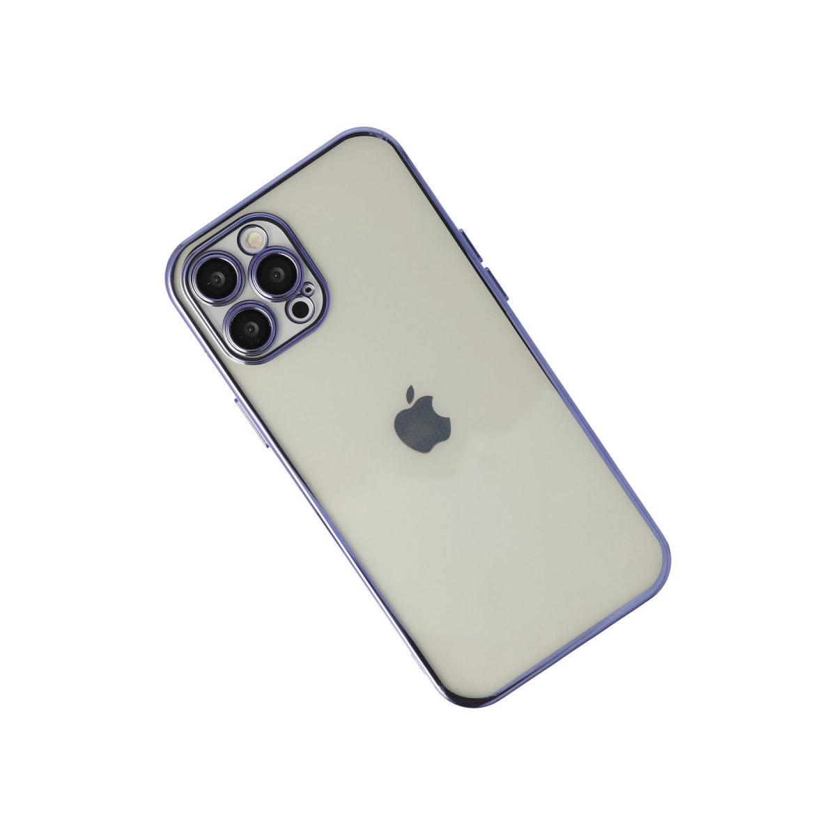 Mor çerçeveli, üç kameralı açık renkli iPhone'un arkası.