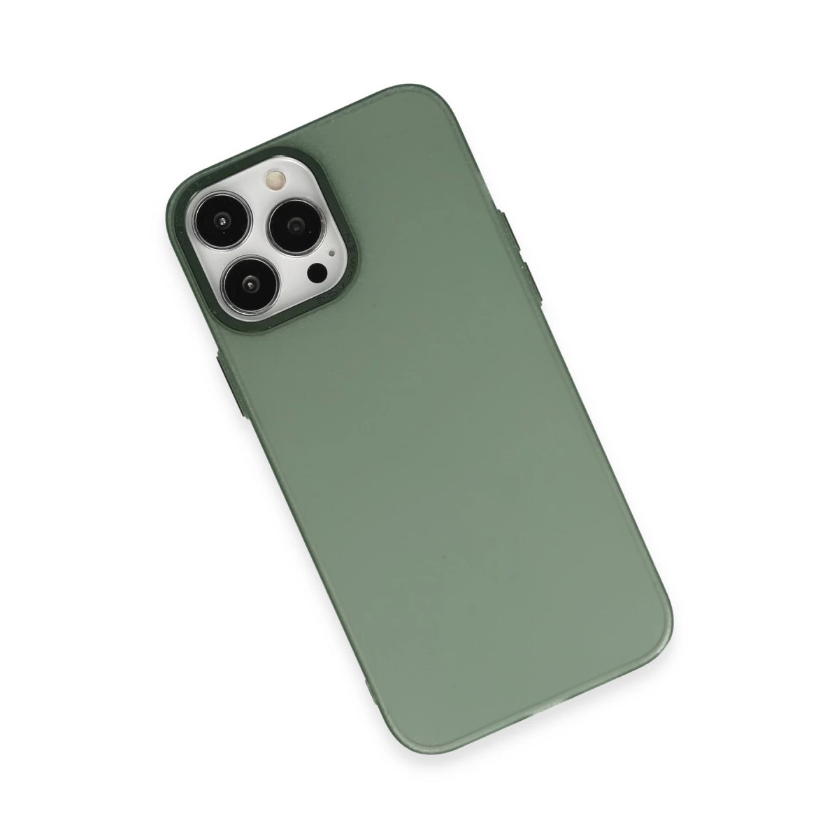 Kamera modüllü yeşil telefon kılıfı, beyaz arka planda.