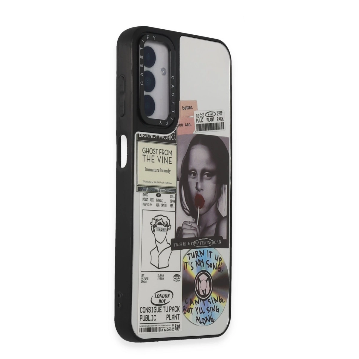 Mona Lisa ve CD içeren koleksiyon etiketleriyle süslenmiş telefon kılıfı.