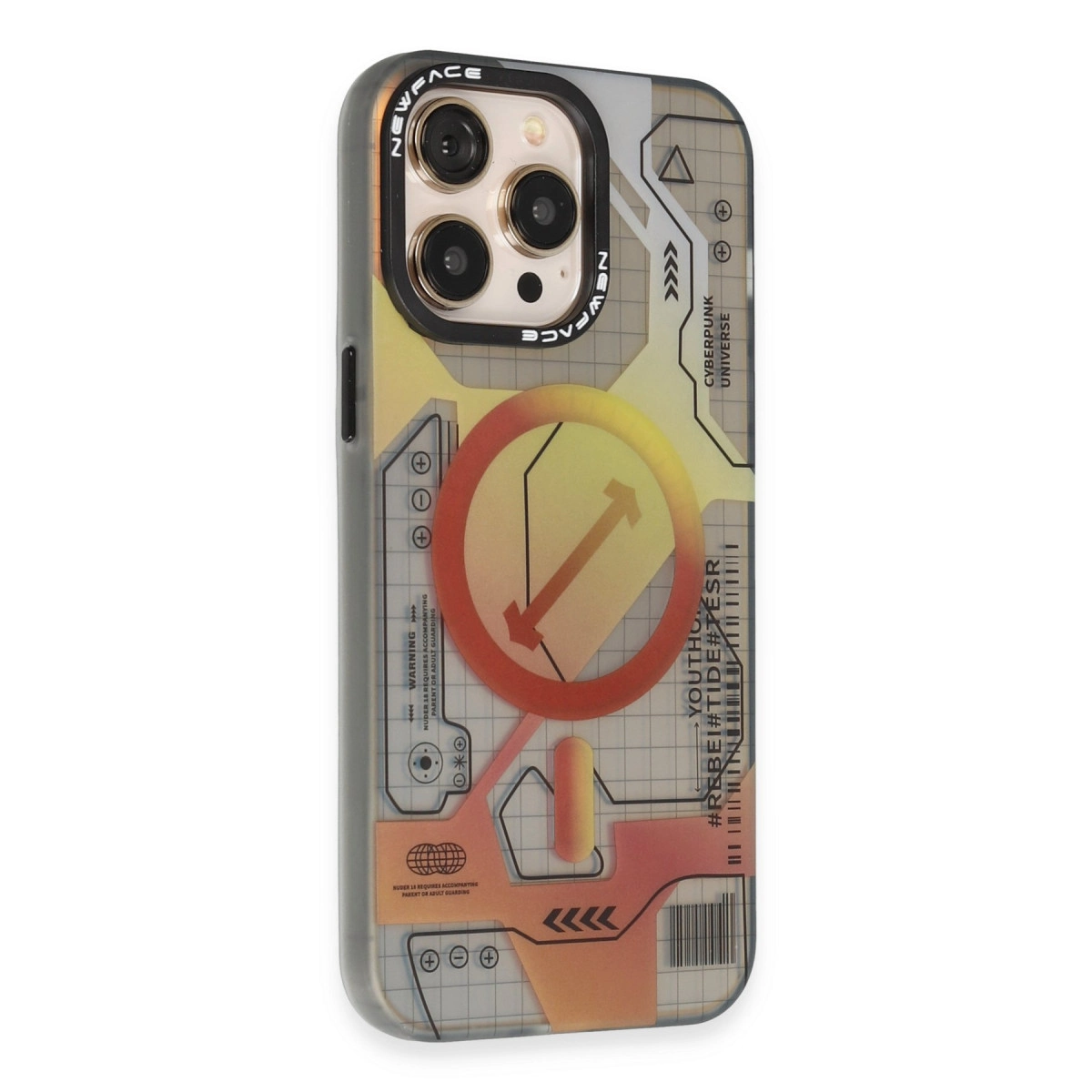 Siberpunk tasarımlı, uyarılar ve renk geçişleri olan iPhone kılıfı.