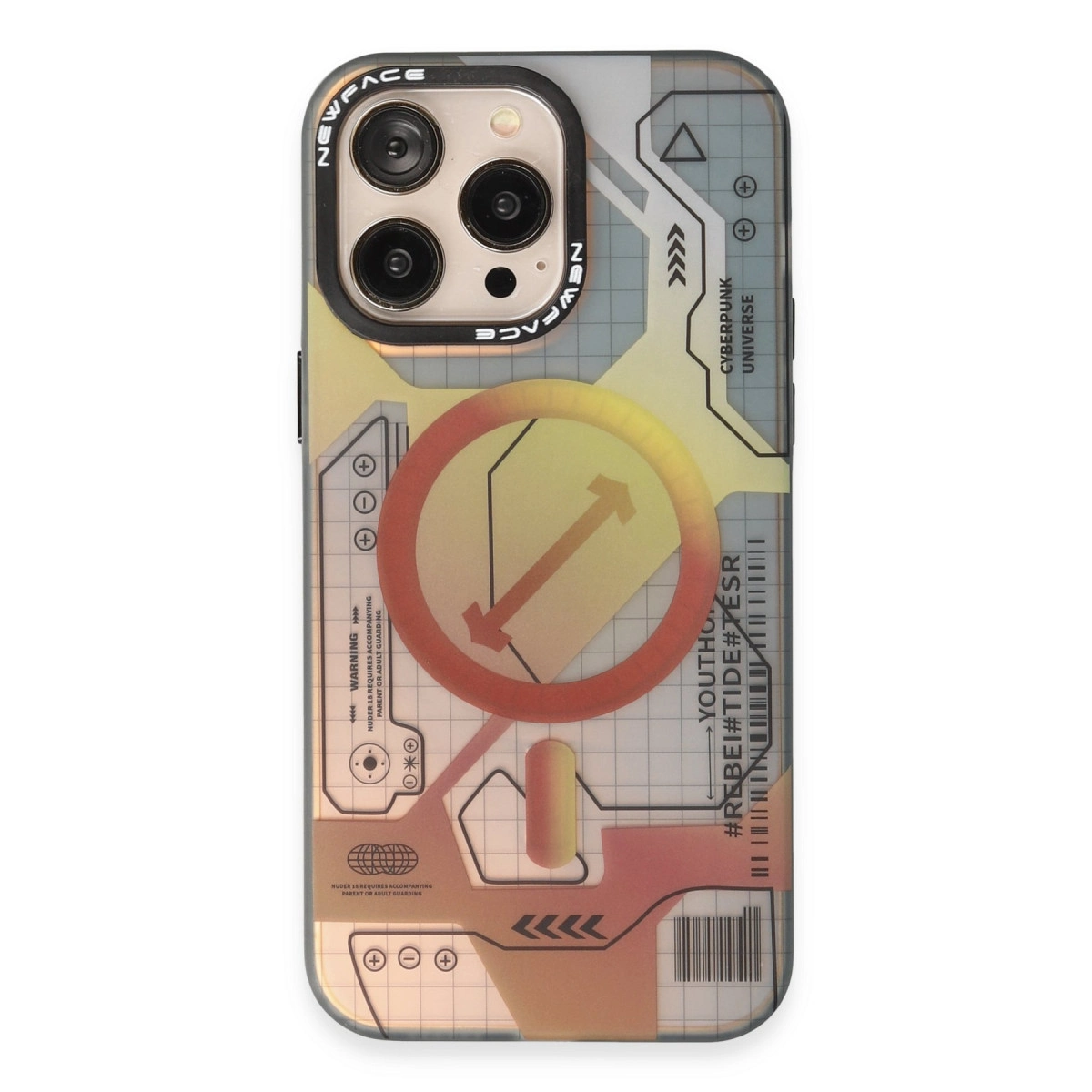 Siberpunk tasarımlı iPhone kılıfı, kameralar ve uyarı sembolleri.