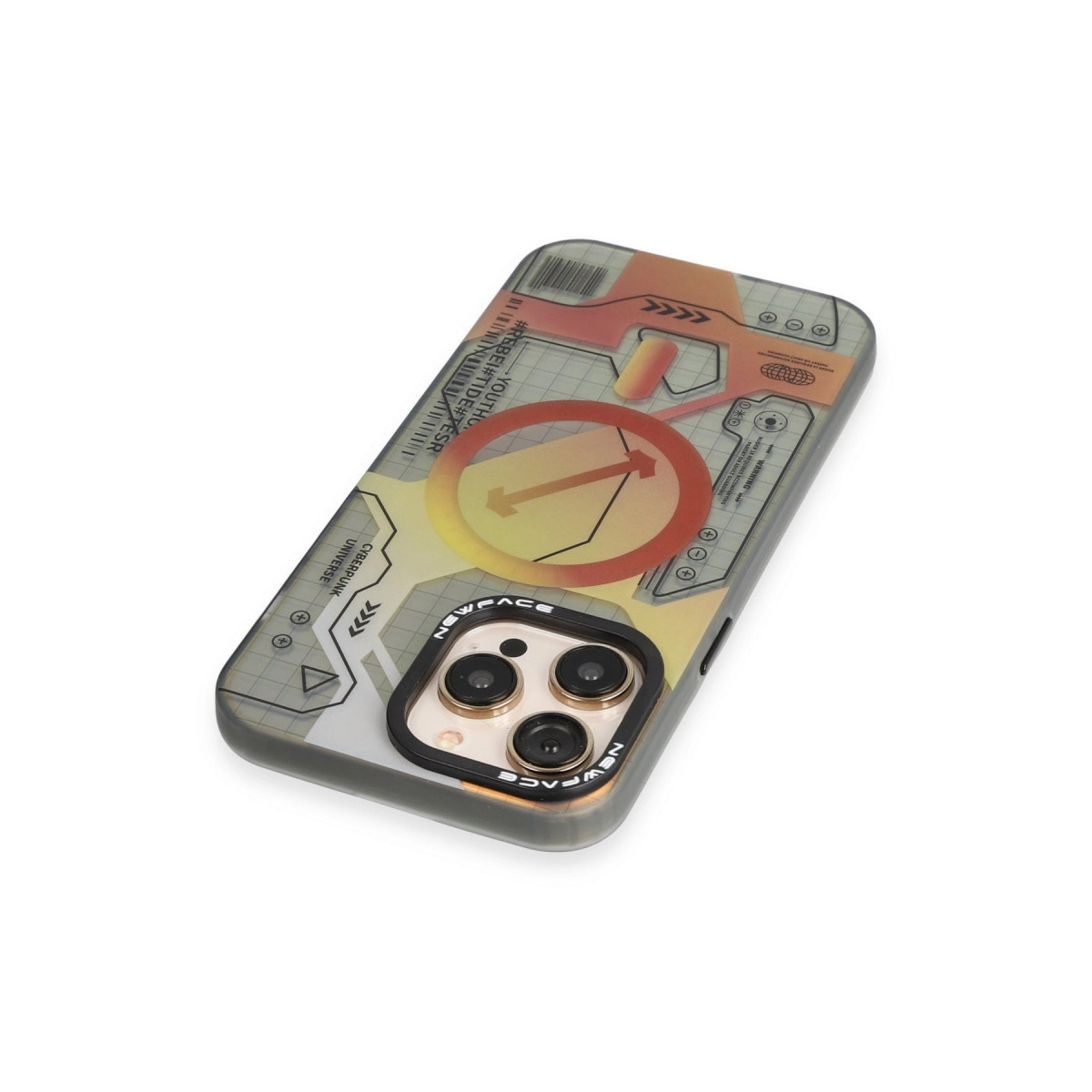 Cyberpunk tasarımlı, kırmızı ok ve teknik sembollü iPhone kılıfı.