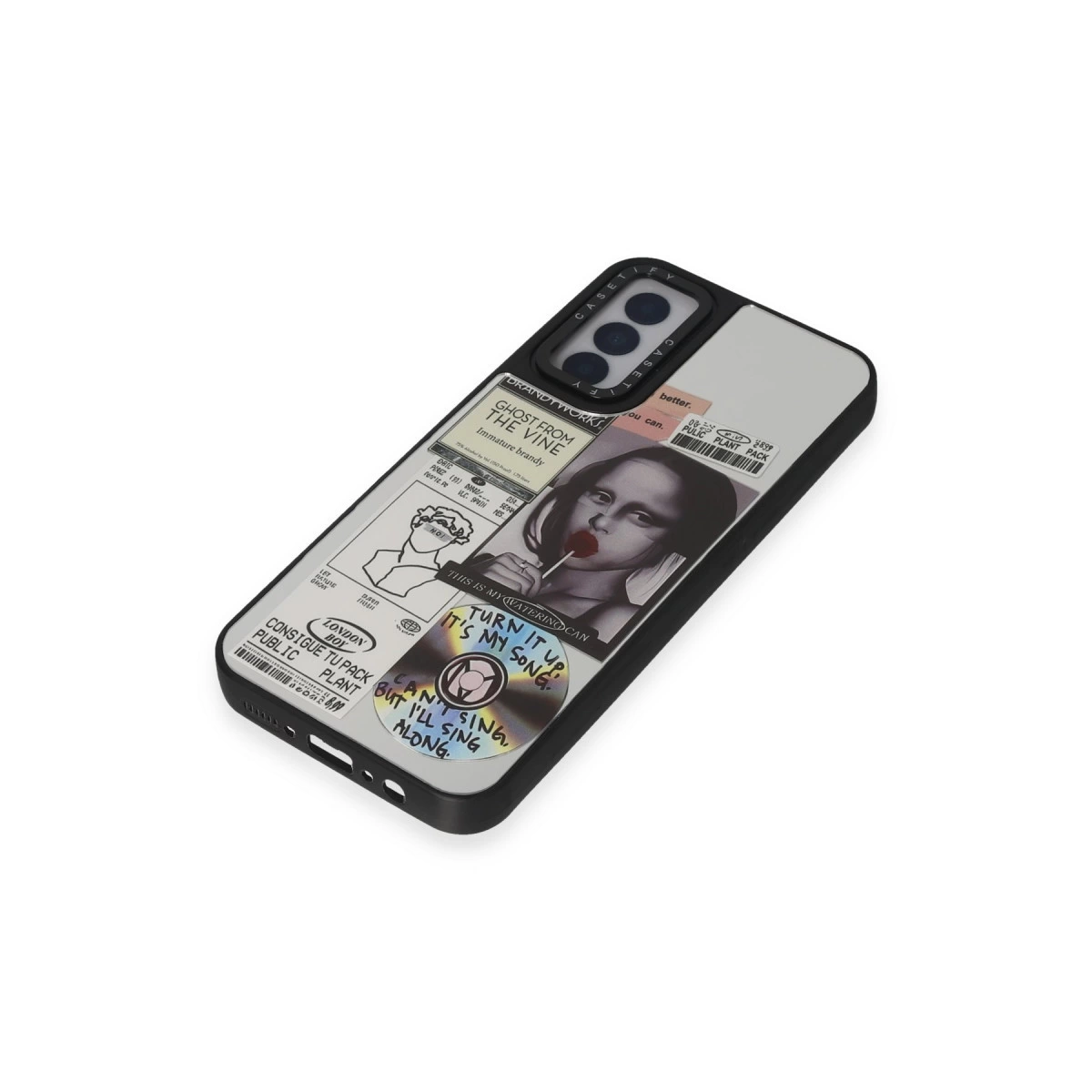 Kolaj tasarımlı telefon kılıfı, Mona Lisa lolipoplu, metinli ve çizimli.
