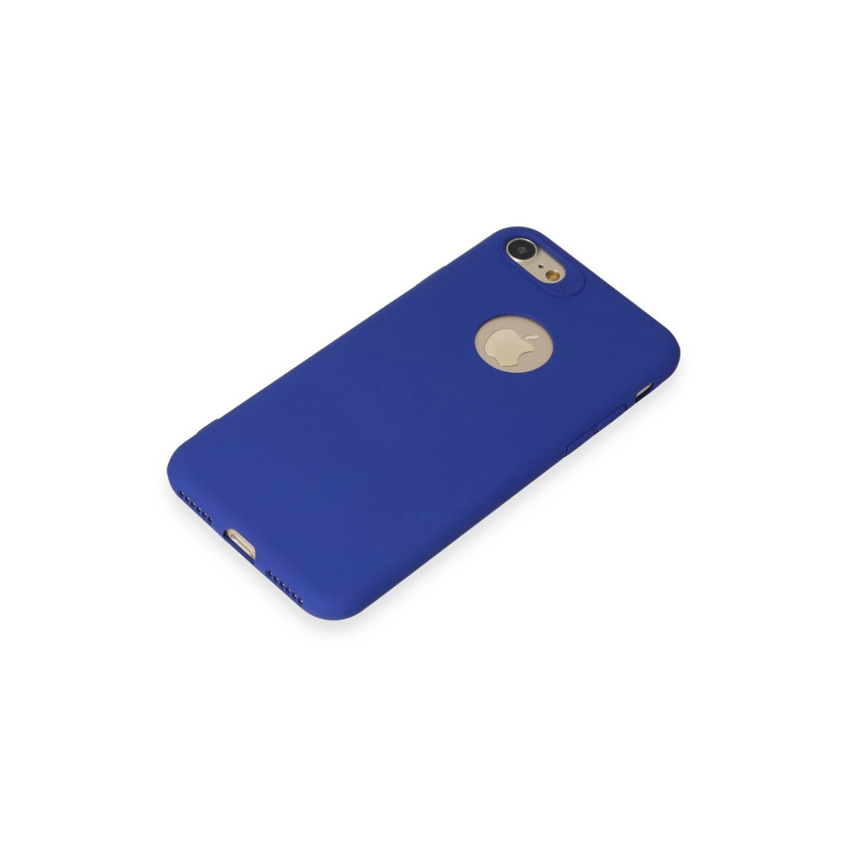 Altın rengi Apple logosu ve kamera kesimli mavi telefon kılıfı.