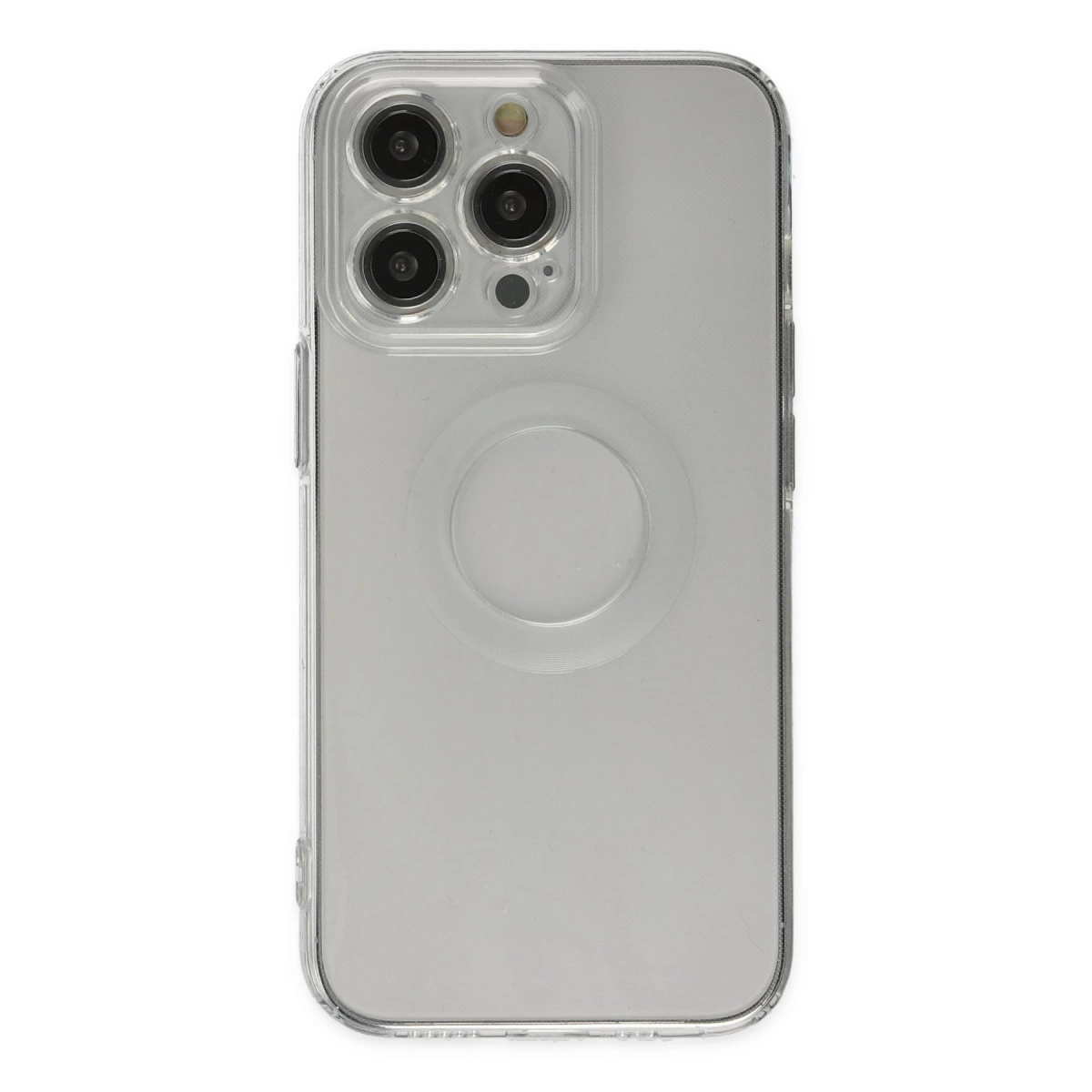 Üç kamera lensli ve manyetik halkalı şeffaf telefon kılıfının arkası.